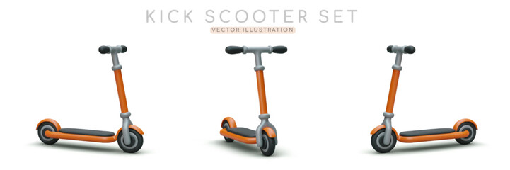 Set of 3D kick scooters. Front and side view. Modern ecological vehicles for moving around city. Urban transport for adults and children. Illustrations for web design, advertising banners