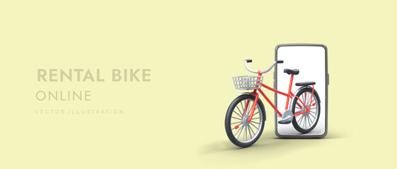 Bicycle sharing system. Bike rental of various types. Template for advertising web site of eco vehicles. Phone app for cycle rental. 3D illustration on colored background