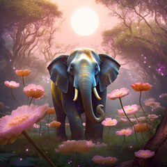 Obraz na płótnie Canvas Stylized decorated Elephants and Fantasy Lotus flowers, Generative AI