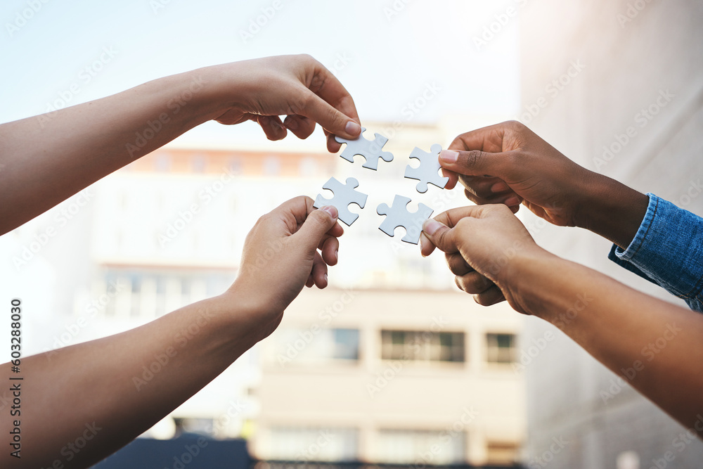 Aufkleber hands, puzzle and people in teamwork collaboration, support and strategy or solution. team building,