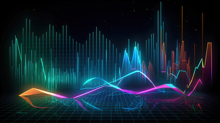 Colorful neon graph on dark background, generative ai