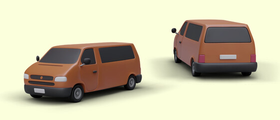 3D passenger van in different positions. Mini bus for passenger transportation. Realistic illustration of large family car with several seats. Images for advertising transport, travel companies, taxis