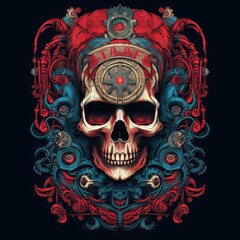 Fototapeta premium Skull Surrealism: Monochrome Expressionism in Synthwave Line Art T-Shirt Vector 3. Generative AI