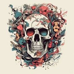 Skull Surrealism: Monochrome Expressionism in Synthwave Line Art T-Shirt Vector 2. Generative AI