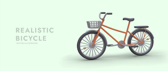 Horizontal banner template with 3D bicycle. Realistic bike with basket and trunk. Vector color illustration. Template for advertising healthy lifestyle, environmentally friendly personal vehicle