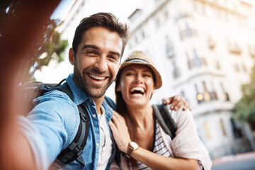 Tourist, selfie and happy couple for travel on city street for holiday memory and happiness. Face of man and woman outdoor for outdoor adventure, journey or vacation for freedom or funny portrait
