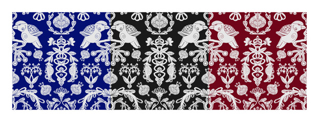 Set of seamless patterns. Birds and plant elements, Scandinavian style, folk art. Grunge elements texture. symmetrical detailed pattern, linocut style. For design, print, wallpaper, fabric, paper.