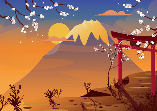 landscape with mountains, sunset, sunrise, sakura and torii gate