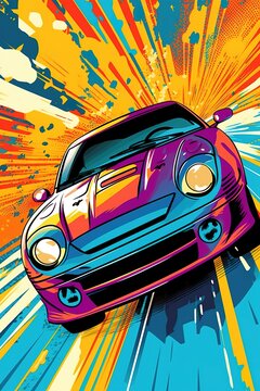 A car in comic pop art style illustration, generative ai