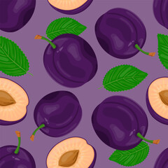 Seamless pattern of whole plums and halves, green leaves. Ripe berries. Fruit picking. Vector illustration in a flat style for menu design, recipes.