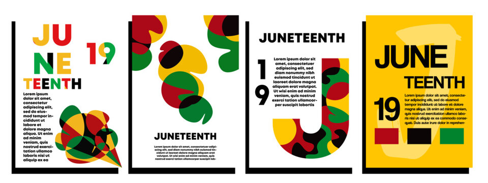 Set of concept juneteenth poster. Abstract fluid wavy shapes with black, yellow, green, red. Templates for celebration, ads, branding, banner, cover, label, sales