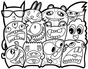 Hand-drawn illustrations, monsters doodle, Hand Drawn cartoon monster illustration,Cartoon crowd doodle hand-drawn Doodle style.