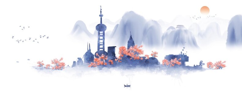 Shanghai Landmark Architecture Chinese Style Artistic Conception Ink and Water Landscape Painting
