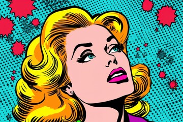 A woman face in comic pop art style illustration, generative ai