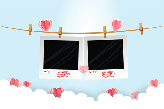 valentine background, love, love couple, Horizontal banner with pink sky and paper cut clouds and hearts. Place for text, photo frame, Rose cloudscape border pastel color frame.