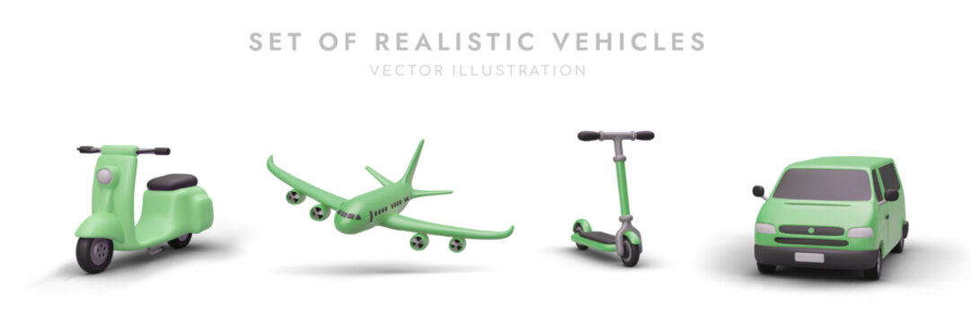 3D set of modern vehicles of green color. Different types of trips, different types of energy. Personal and public vehicles. Isolated vector illustrations with shadows
