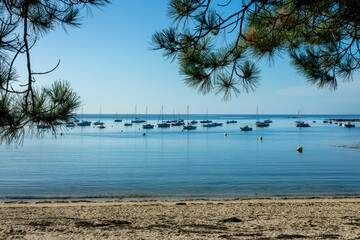 Boats anchored at Kernevest beach in Morbihan, Brittany, France
