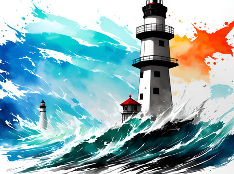 Painting of Lighthouse in the sea. AI generated illustration