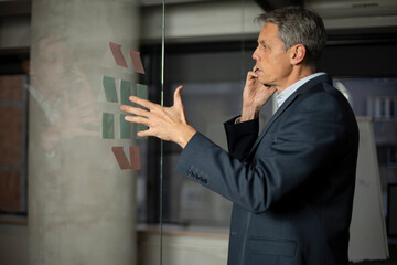 Portrait of successful businessman in office. Man writing on the glass board in office. Businessman talking to the phone.