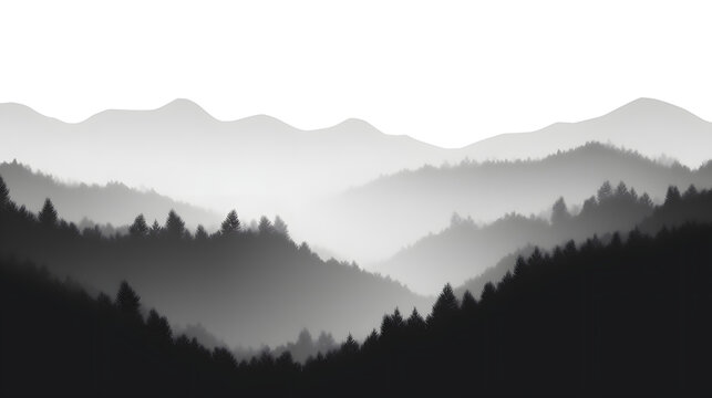 Ai generated, Ethereal Whisper: Subtle Monochrome Gradient, mountain view, misty and foggy, with trees, Simplicity's Grace: Black and White Gradient