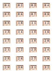 Wooden calendar, set of dates for the month of April 01-32, png on a transparent background, white, close-up