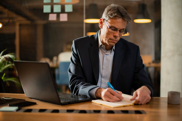 Fototapeta premium Businessman working with laptop at office. Businessman sitting at office desk working on laptop computer..