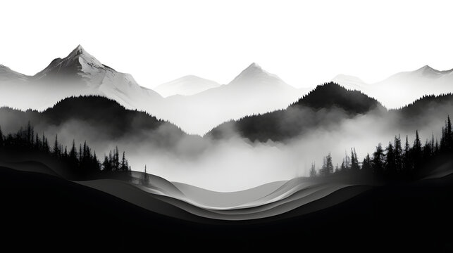 Ai generated, Ethereal Whisper: Subtle Monochrome Gradient, mountain view, misty and foggy, with trees