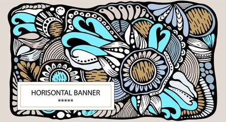 Cartoon doodle designe pattern. Detailed compositions with lot of flower, leaf and symbols. Horisontal banner. Template for card, invitation