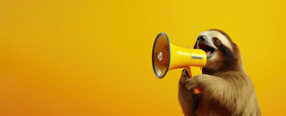 a happy sloth holding a yellow megaphone speaking in it with yellow solid background,generative ai. - obrazy, fototapety, plakaty