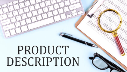 PRODUCT DESCRIPTION text on blue background with keyboard and clipboard, business concept