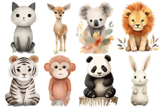 Watercolor set of Cute Baby rabbit, lion, tiger, monkey, koala, cat, panda, deer Safari Animals. Cartoon animal for decoration design. Cute animals vector set. Hand-drawn watercolor illustration