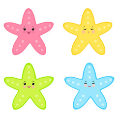 Set of cartoon starfish. Color vector illustration of smiling sea stars. Isolated on white background.
