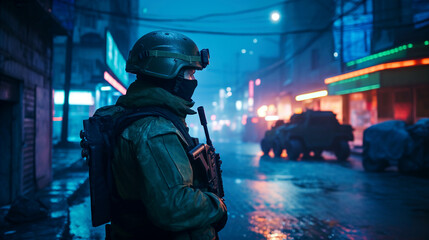 In an empty city street at night, a soldier stands under the glow of blue neon lights, generative ai