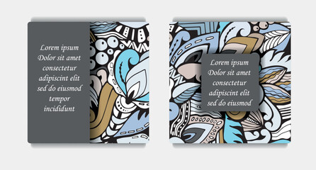 Cartoon doodle designe pattern. Detailed compositions with lot of flower, leaf and symbols. Horisontal banner. Template for card, invitation