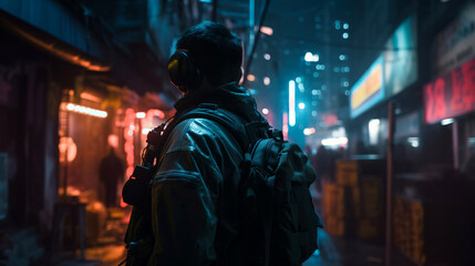 Fototapeta na wymiar A soldier stands in an urban slum city street at night, under the glow of neon signs, generative ai