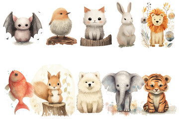 Watercolor set of Cute Baby bird, lion, dog, fish, bat, squirrel, cat, rabbit, tiger, elephant Safari Animals. Cartoon animal for decoration design.