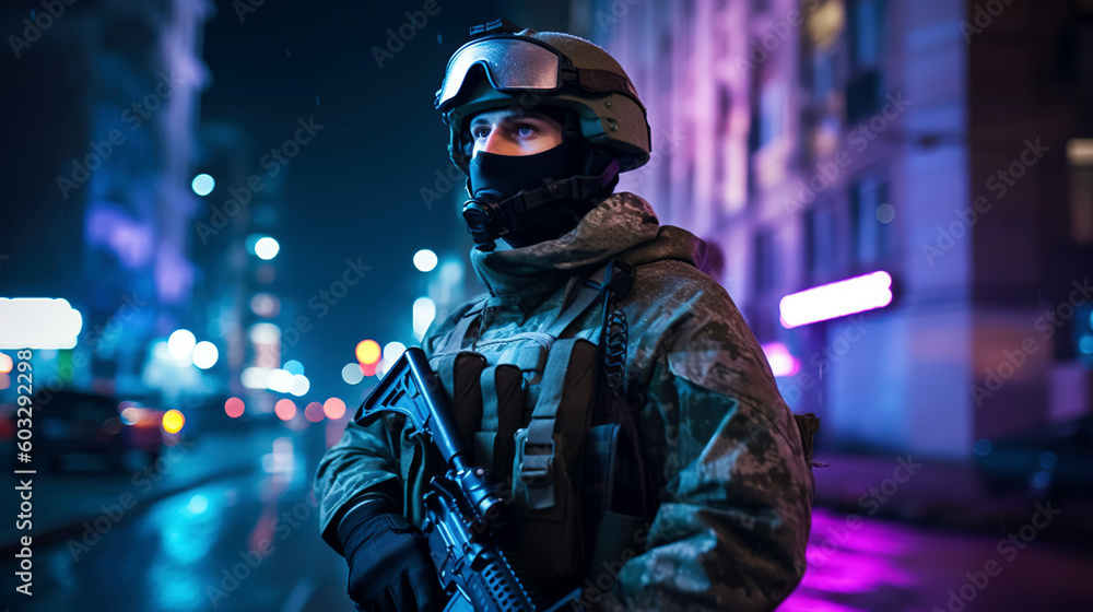 Wall mural a soldier is surrounded by a bright, neon-lit city at night with purple neon lights, generative ai