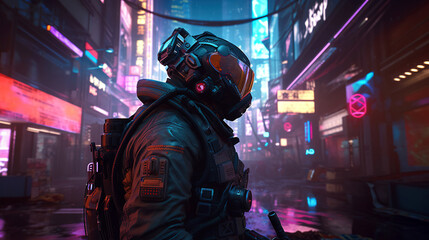 Fototapeta na wymiar In a cyberpunk style, a futuristic soldier stands in a bright and colorful neon city street at night, generative ai