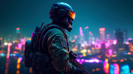A futuristic soldier stands in front of a cyberpunk neon city skyline at night, generative ai