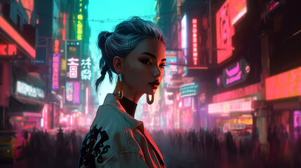 Stunning Lady in Futuristic Neon City, Generative AI
