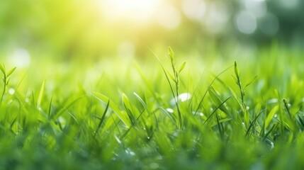 Obraz premium Natural green background of young juicy grass in sunlight with beautiful bokeh. Lush grass close-up in nature outdoors, wide format with copy space. Generative AI