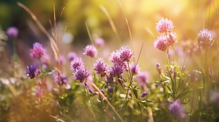 Nature abstract background wild blossoming green grass flowers in field meadow close-up soft focus. Beautiful summer nature landscape, violet yellow juicy colors, copy space. Generative AI