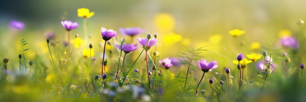 Nature abstract background wild blossoming green grass flowers in field meadow close-up soft focus. Beautiful summer nature landscape, violet yellow juicy colors, copy space. Generative AI