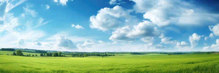 Obraz na płótnie Canvas Panoramic natural landscape with green grass field and blue sky with clouds with curved horizon line. Panorama summer spring meadow.. Generative AI