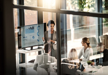Business meeting, window and woman in presentation, statistics and data analytics, charts or...