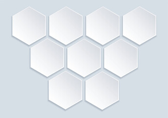 Set of white hexagons on gray background. Infographic templates design. 9 Empty honeycombs with place for images. Vector realistic. Futuristic monochrome Mockup. EPS10. 