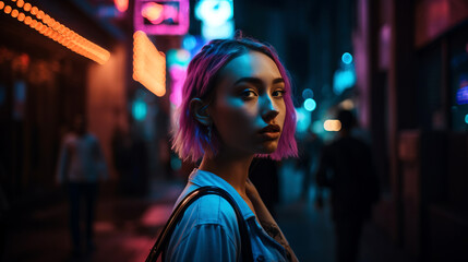 Fototapeta premium Attractive Female in Neon-Lit Metropolis, Generative AI
