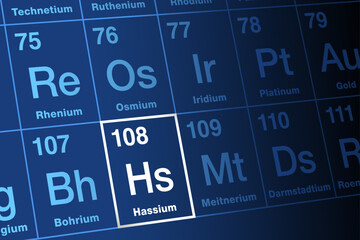 Hassium, on the periodic table. Highly radioactive, superheavy, synthetic transactinide element, with element symbol Hs and atomic number 108. Named after Hassia, Latin name for German State of Hesse.