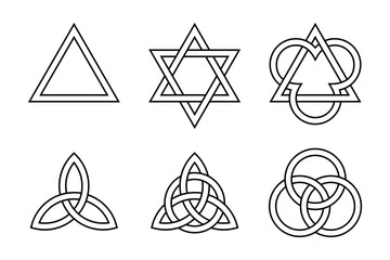 Six Trinity symbols. Ancient Christian symbols, formed by interlaced triangles, Celtic triquetras, and circles, representing the union of the persons Father, the Son Jesus Christ and the Holy Spirit.