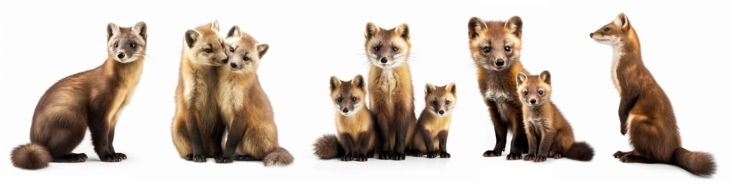 Wildlife forest woods animals pine martens banner panorama long - Collection of cute pine marten animal (martes martes) family with baby, isolated on white background, Generative Ai